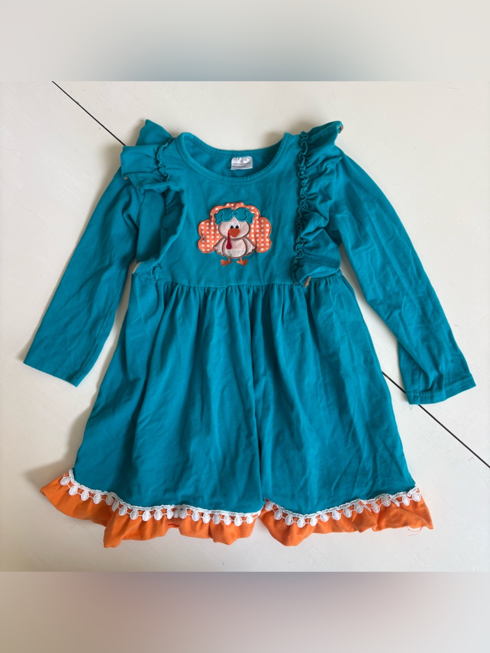 Girls Fall Thanksgiving Teal Long Sleeve Ruffle Turkey Dress with Orange Trim